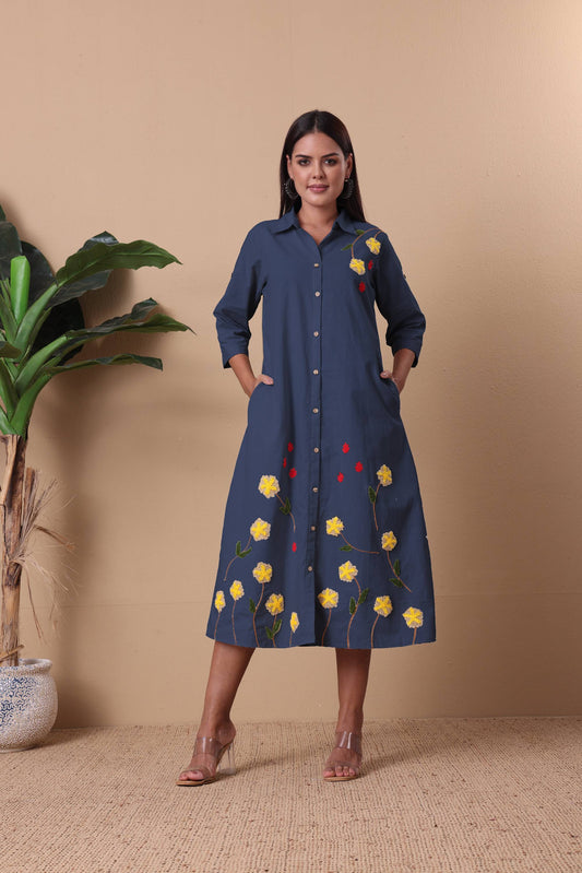 Dark Blue Garden Button-down Dress
