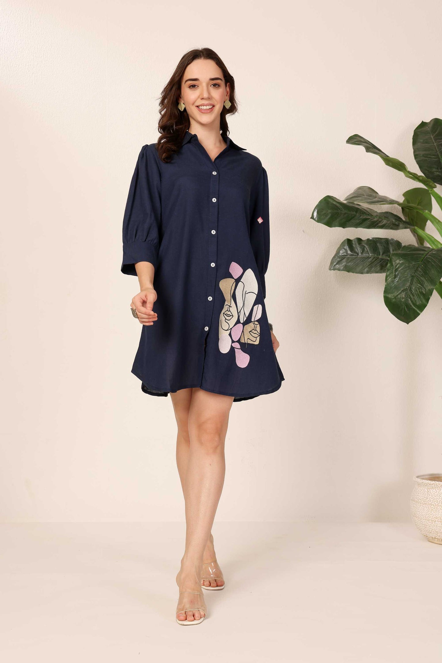 Dark Blue Abstract Face Shirt Dress