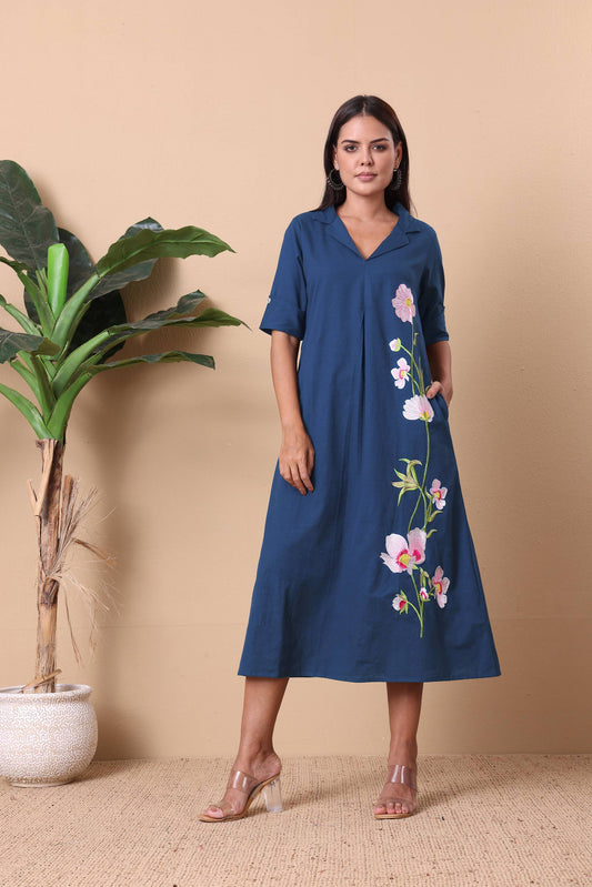 Blue Dress with floral embroidery and pocket