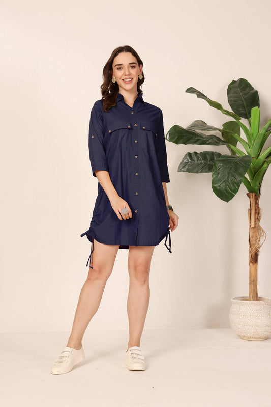Blue Drawstring Detail Shirt Dress