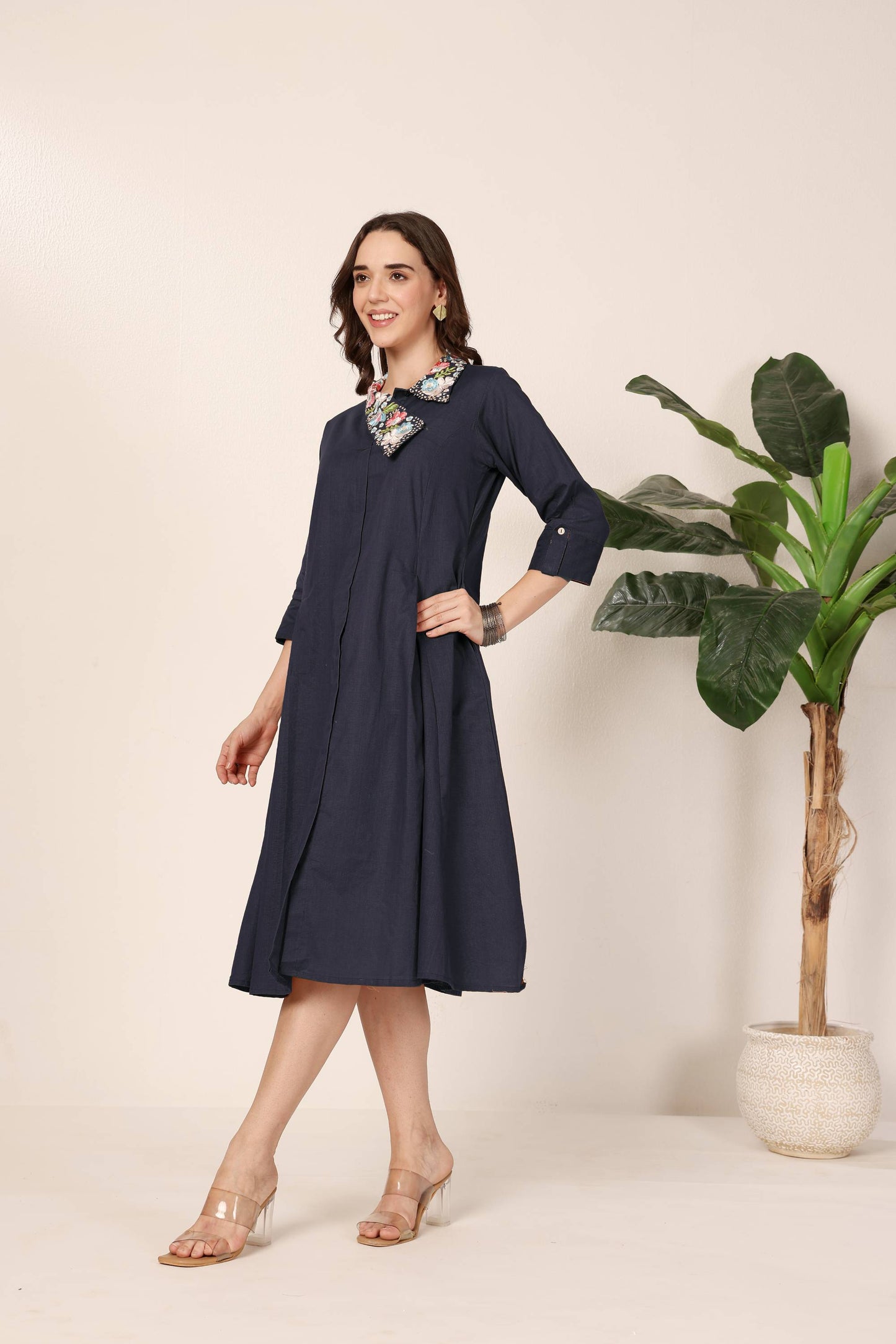 Dark Blue Embroidered Collar Midi Dress