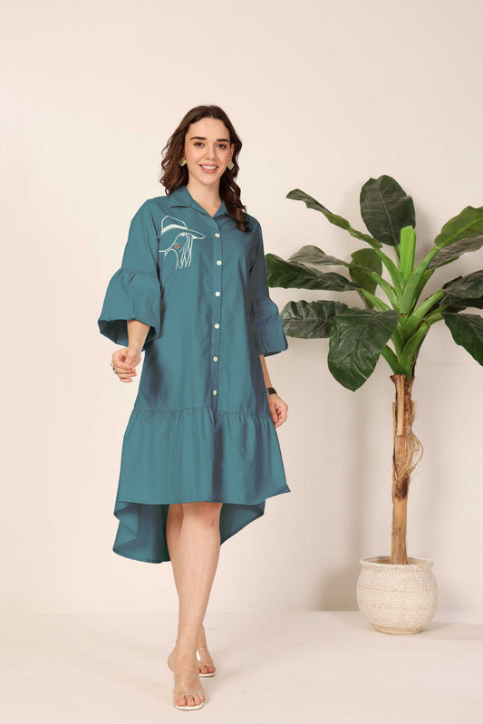 Teal Hat-Girl Embroidered Dress