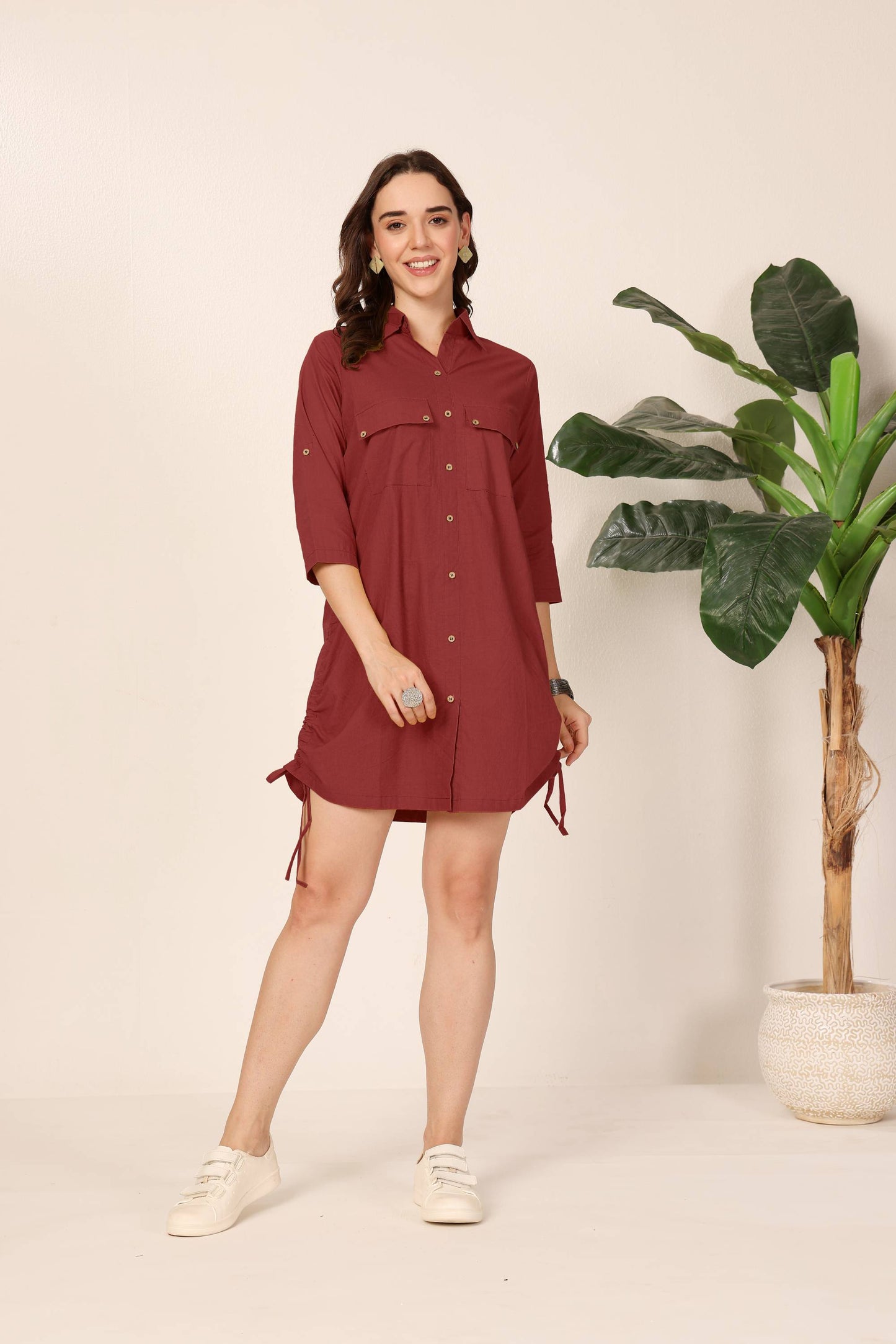 Red Drawstring Detail Shirt Dress