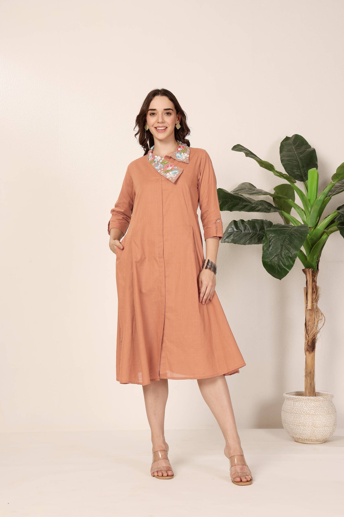 Rust Embroidered Collar Midi Dress
