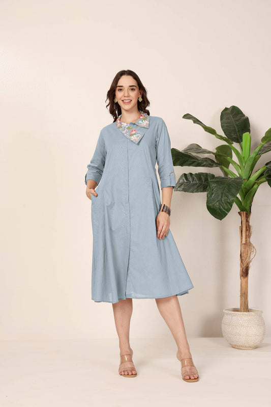 Light Blue Embroidered Collar Midi Dress