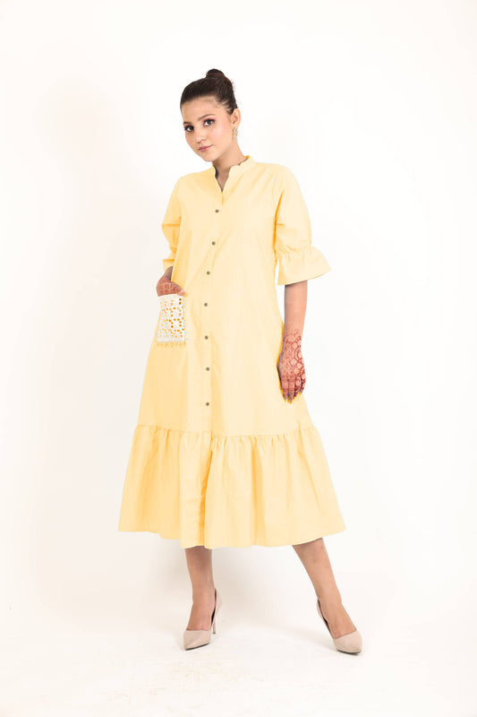 Light Yellow Chikan Pocket Dress