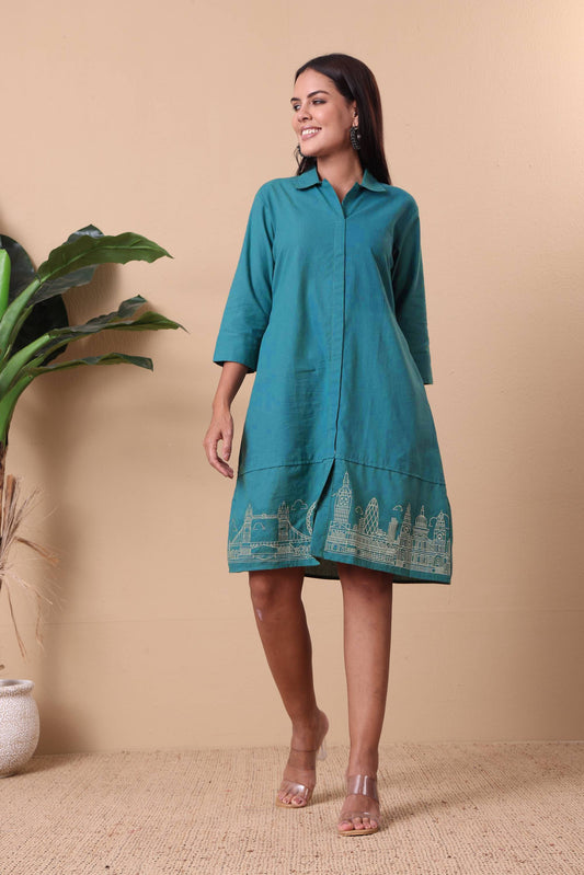 Teal Cityscape Embroidered Dress