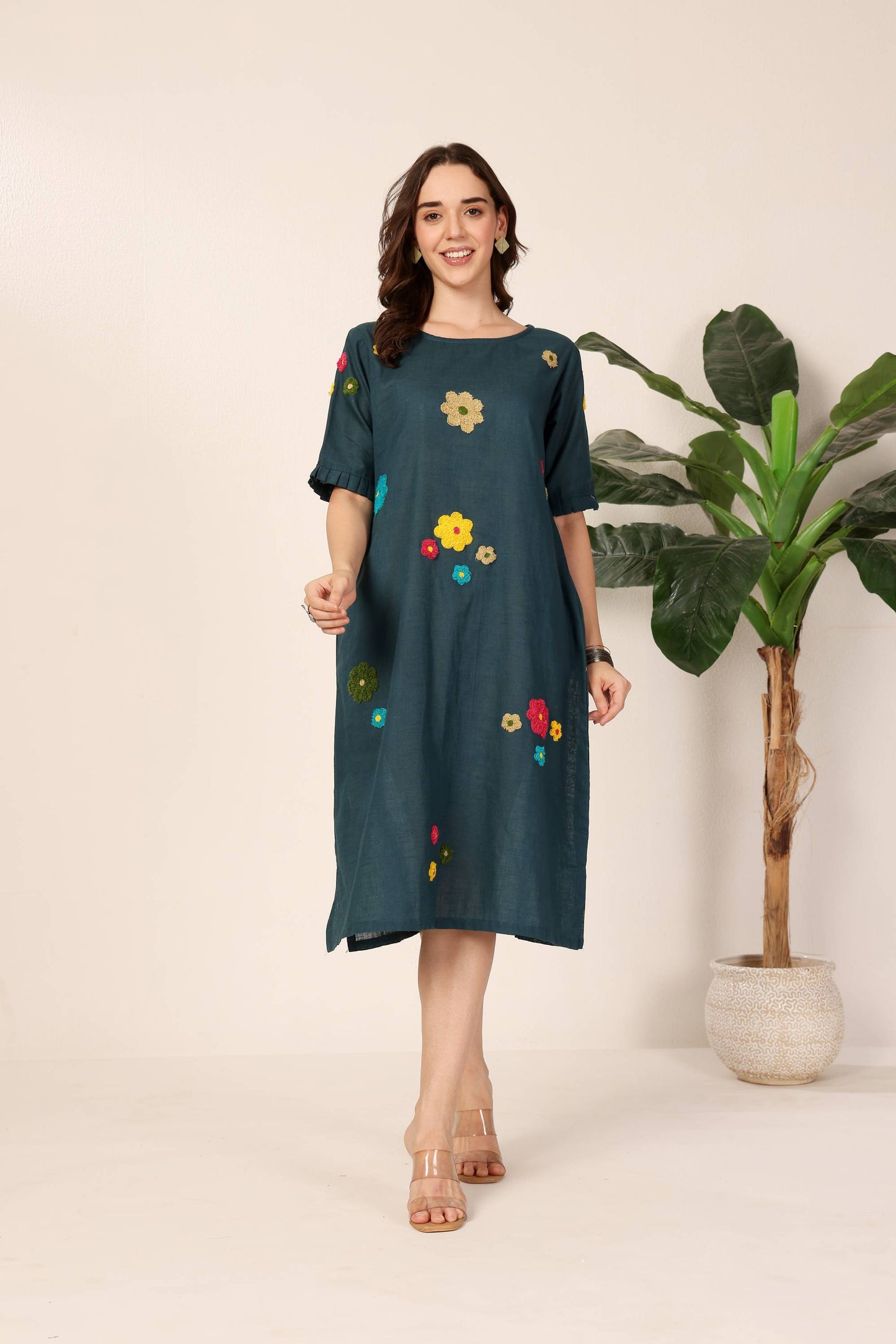 Blue Floral Round-neck Dress