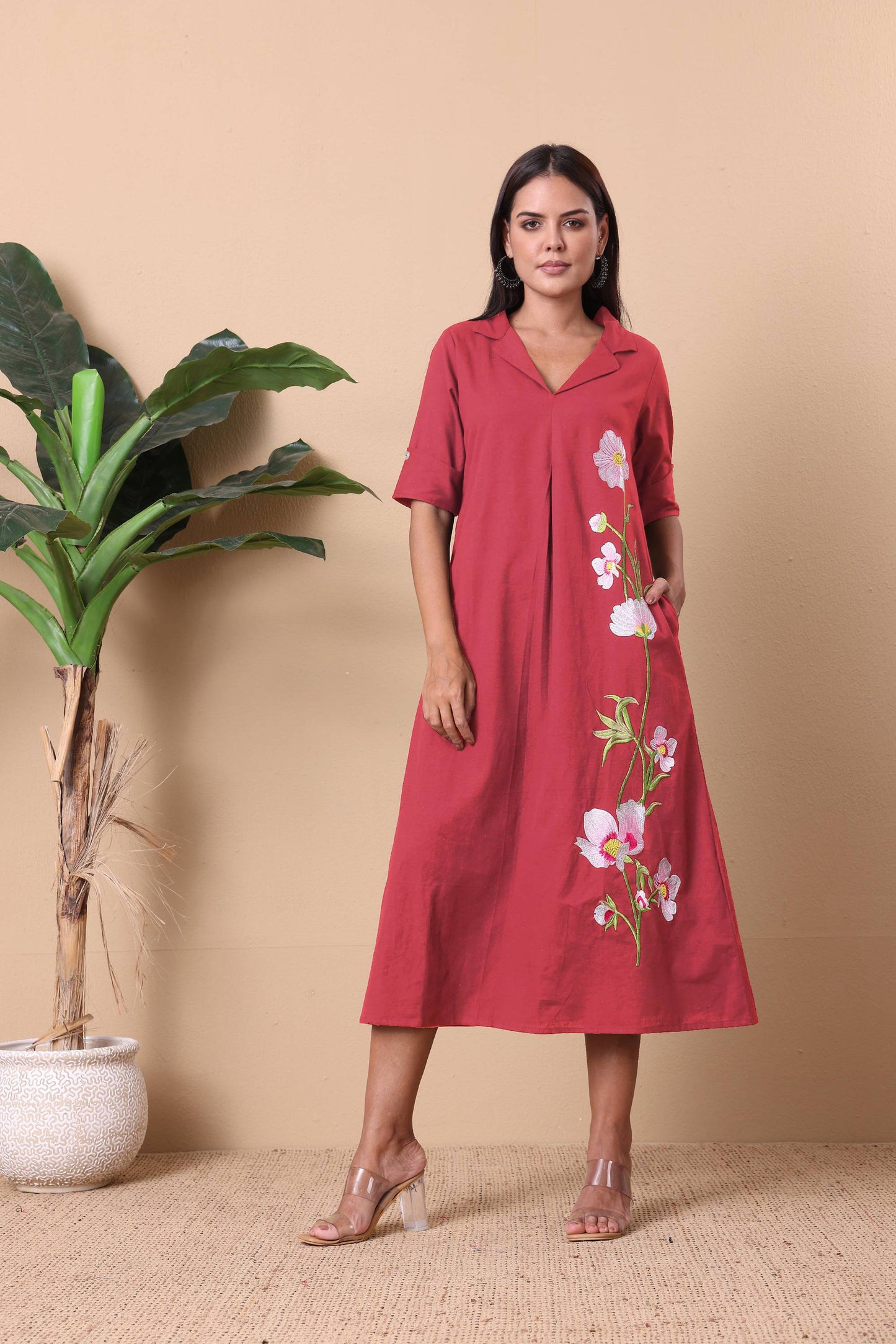 Peach Dress with floral embroidery and pocket