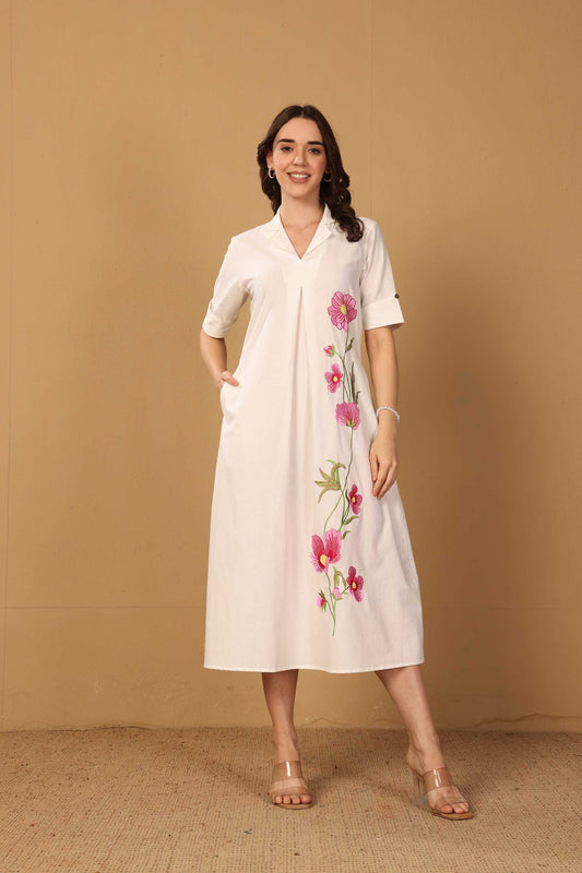 White Dress with floral embroidery and pocket