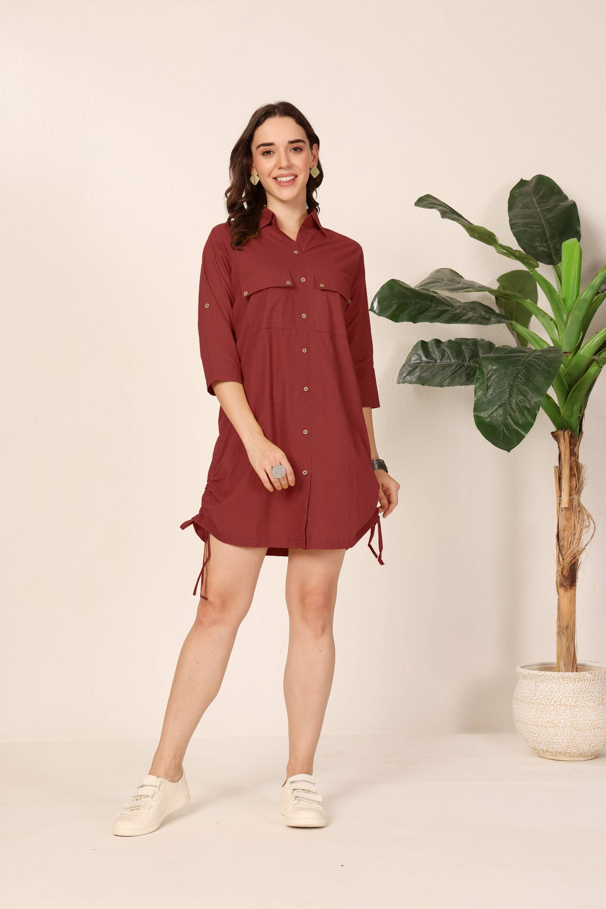 Red Drawstring Detail Shirt Dress