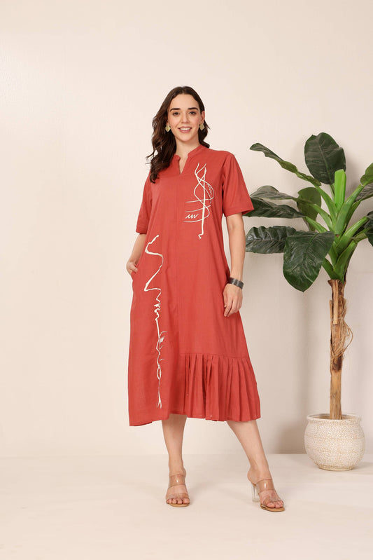 Red Abstract Embroidery Pleated Dress