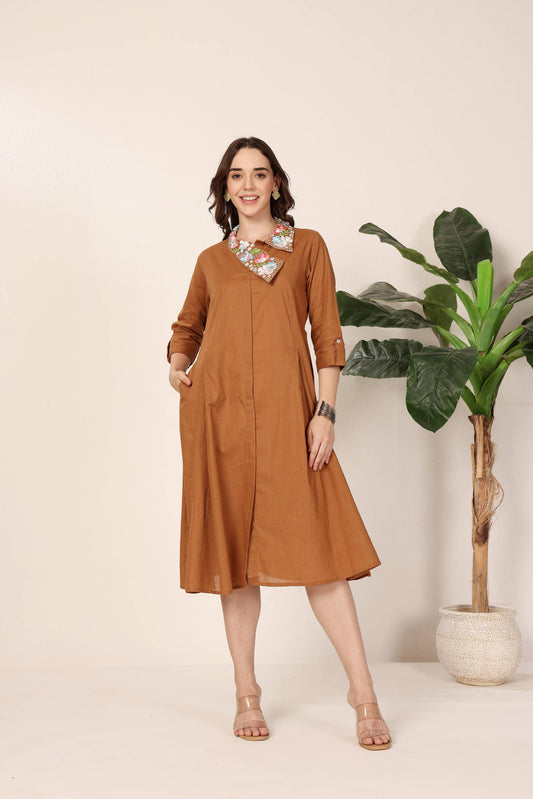 Brown Embroidered Collar Midi Dress