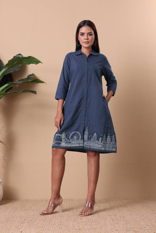Dark Blue Cityscape Embroidered Dress