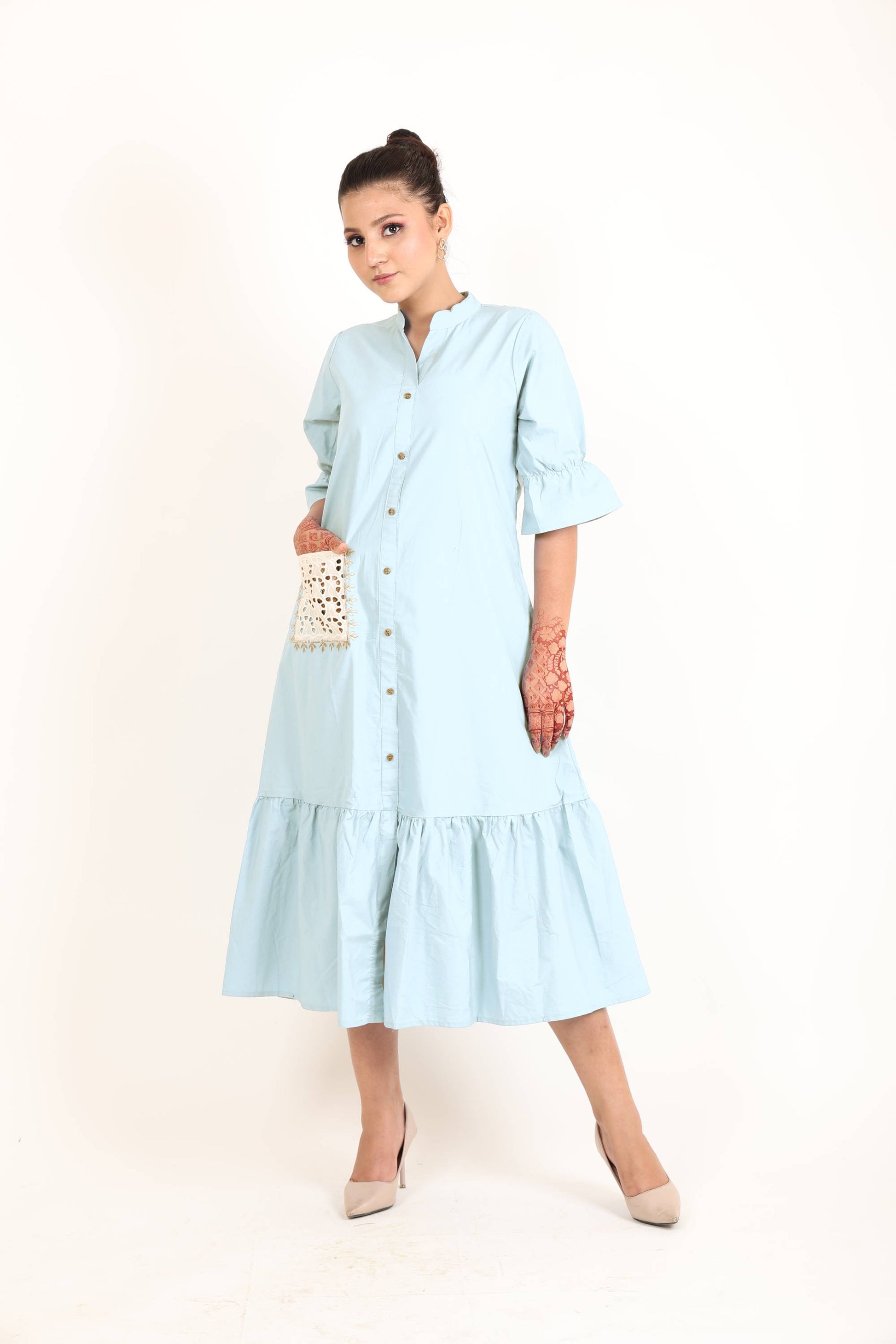 Light Blue Chikan Pocket Dress