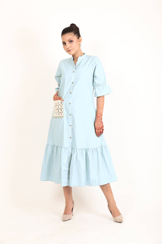 Light Blue Chikan Pocket Dress