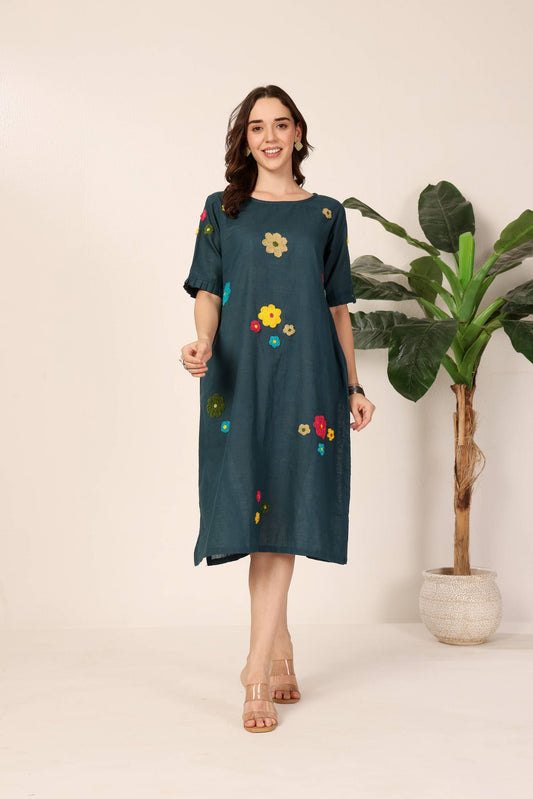 Blue Floral Round-neck Dress
