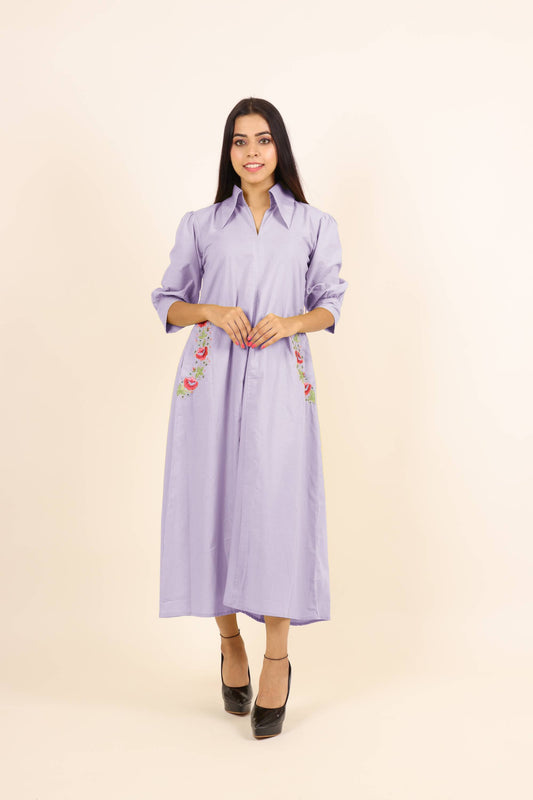 Lilac Dress with embroidery and pocket